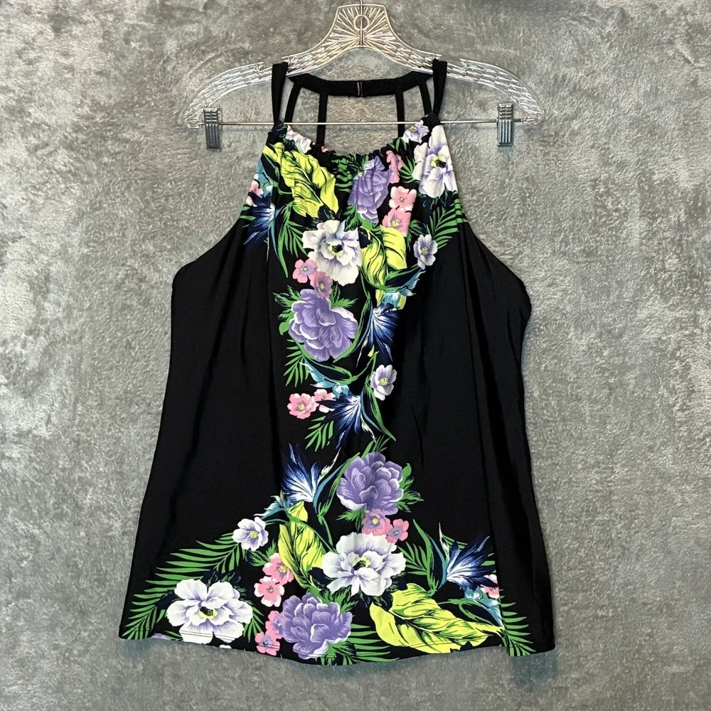 Cacique Women Floral Print Halter Tankini Swim Top 16 Plus Botanical Strappy